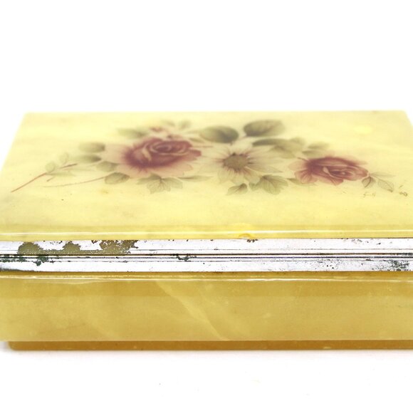 Vintage Genuine Alabaster Trinket Jewelry Box Yellow w/Flowers Created in Italy - Picture 2 of 11